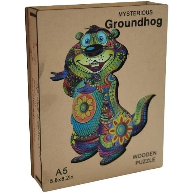 WOODEN JIGSAW PUZZLES, 3D WOODEN ANIMALS SHAPED PUZZLES, BEST GIFT FOR ADULTS AND KIDS DIY PUZZLE PIECE, COLORFUL UNIQUE SHAPED GROUDHOG PUZZLES A5-5.8 X 8.2 IN - Image 1